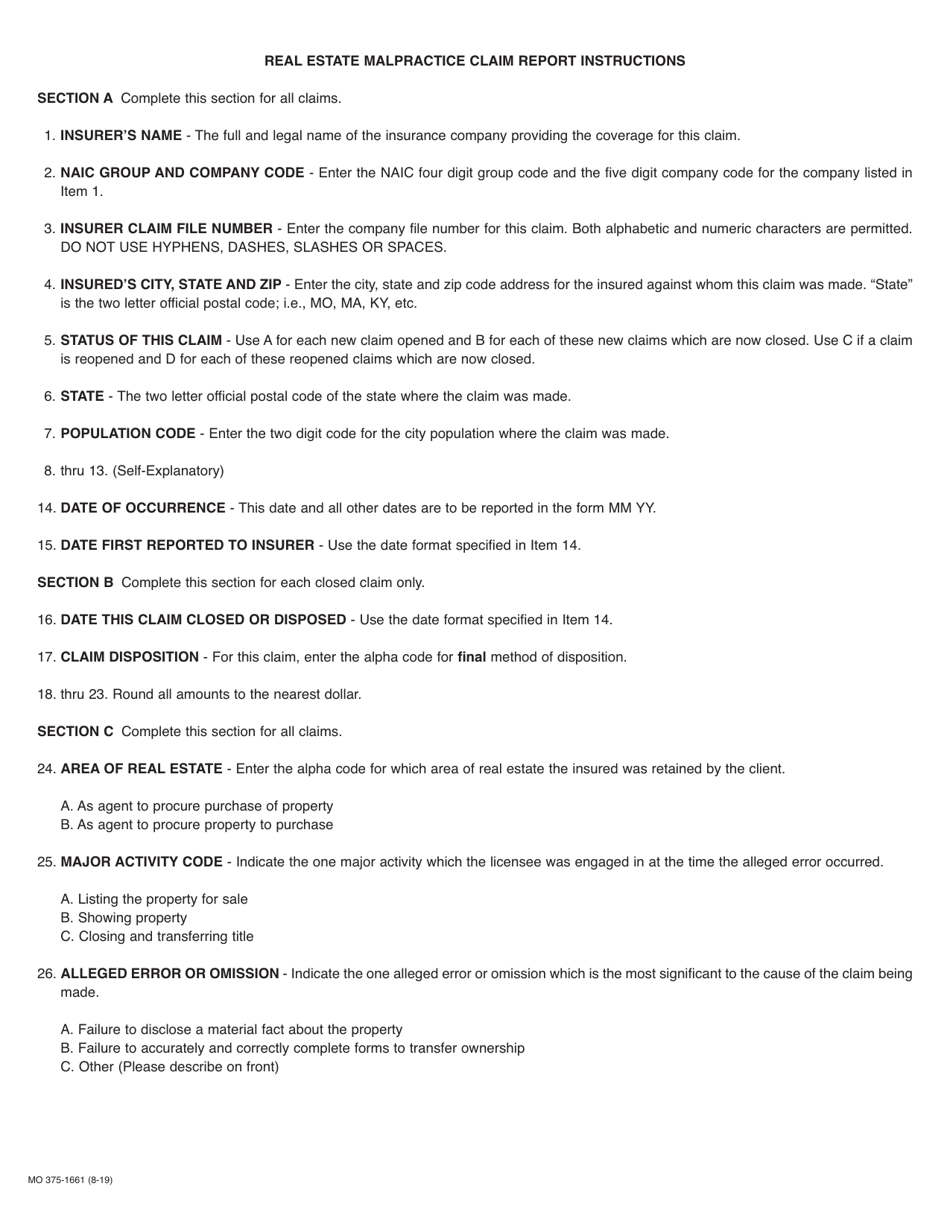 Form MO375-1661 Real Estate Malpractice Claim Report - Missouri, Page 2