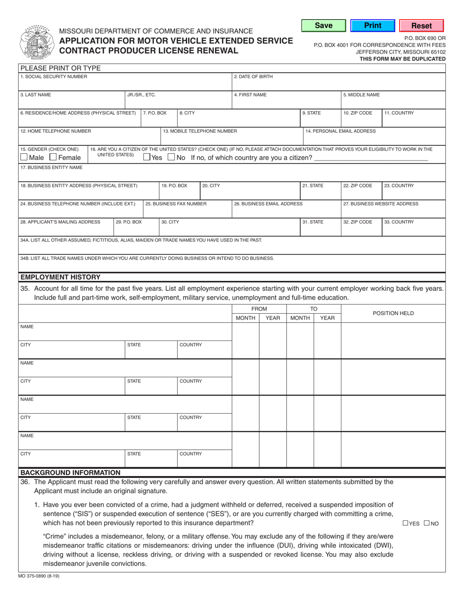 Form MO375-0890 Application for Motor Vehicle Extended Service Contract Producer License Renewal - Missouri, Page 1
