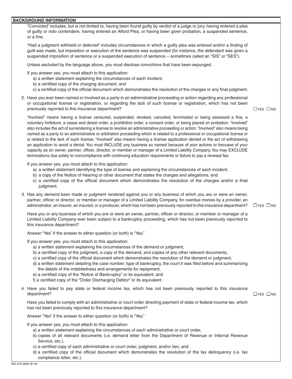 Form MO375-0890 Application for Motor Vehicle Extended Service Contract Producer License Renewal - Missouri, Page 2
