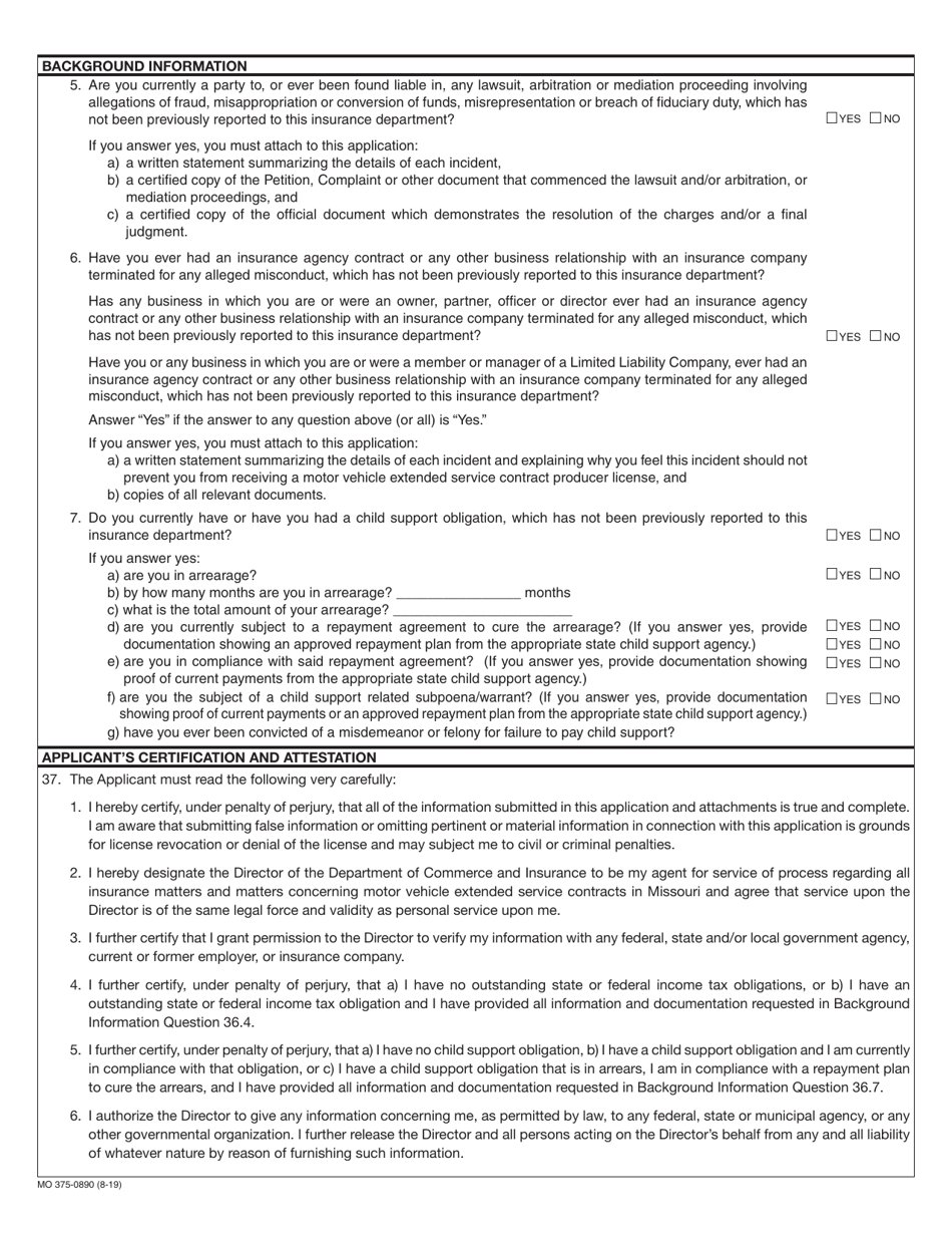 Form MO375-0890 Application for Motor Vehicle Extended Service Contract Producer License Renewal - Missouri, Page 3