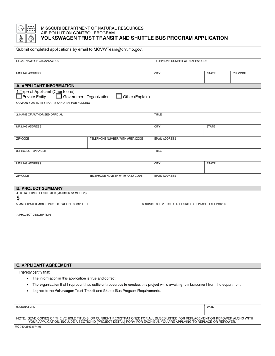 Form MO780-2842 Volkswagen Trust Transit and Shuttle Bus Program Application - Missouri, Page 1