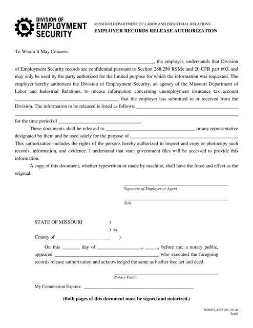Form MODES-4385 Employer Records Release Authorization - Missouri
