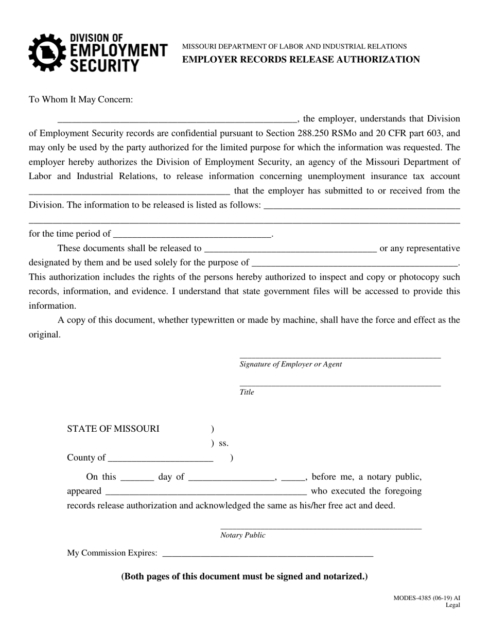 Form MODES-4385 Employer Records Release Authorization - Missouri, Page 1