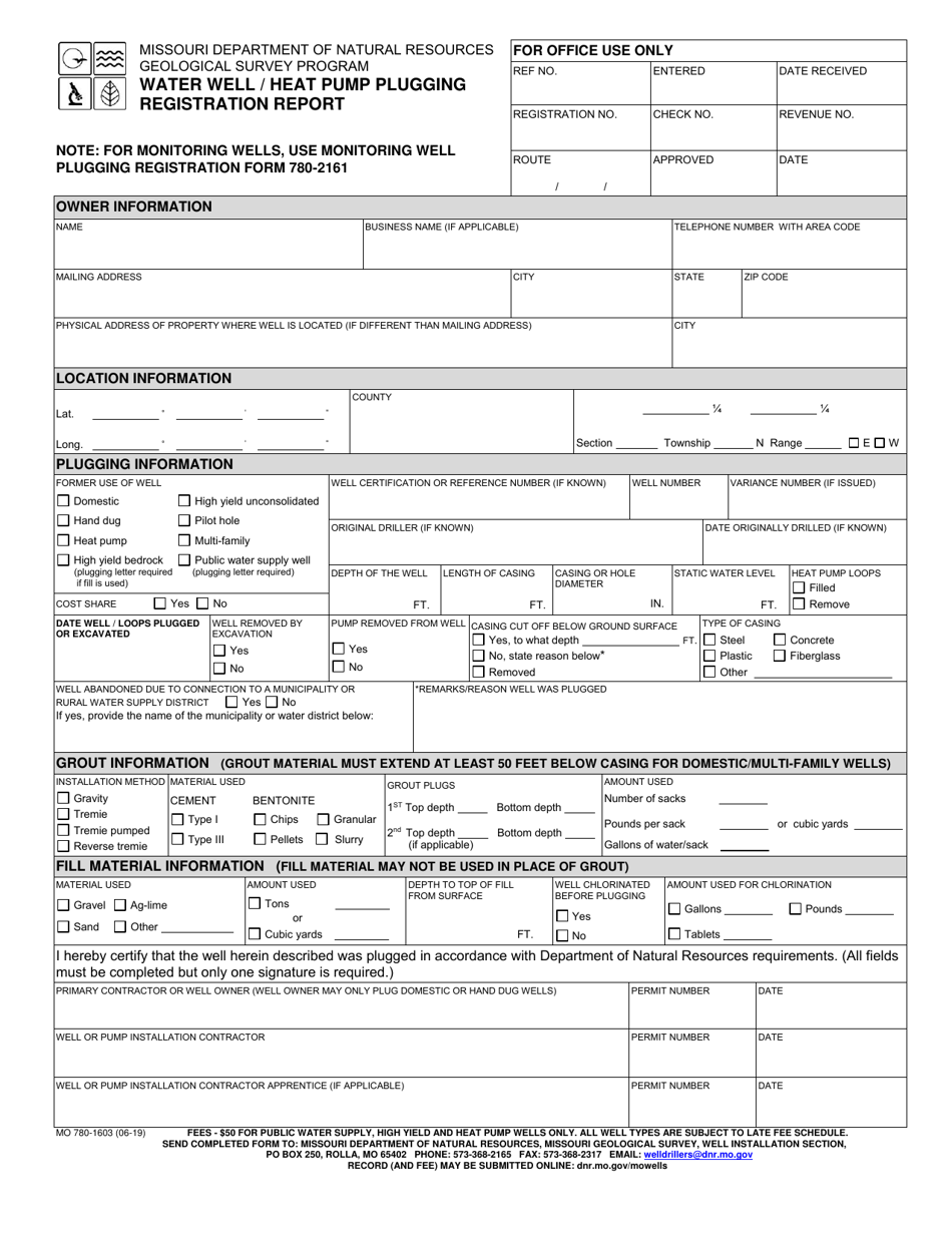 Form MO780-1603 Water Well / Heat Pump Plugging Registration Report - Missouri, Page 1