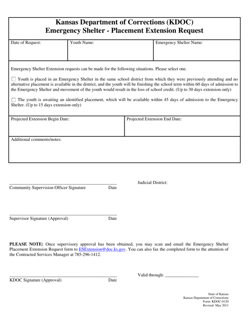 Form KDOC-0120 Emergency Shelter - Placement Extension Request - Kansas