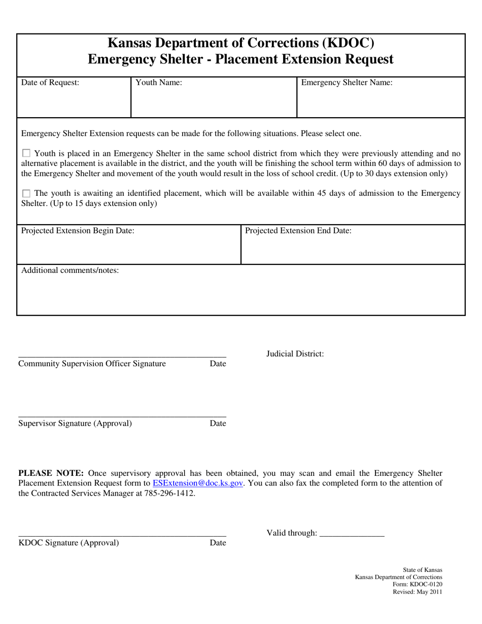 Form KDOC-0120 Emergency Shelter - Placement Extension Request - Kansas, Page 1