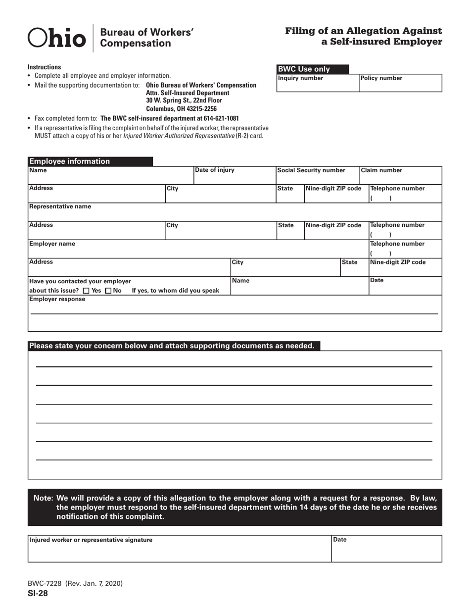 Form SI-28 (BWC-7228) Filing of an Allegation Against a Self-insured Employer - Ohio, Page 1