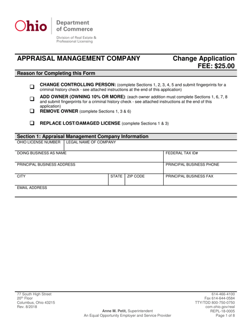 Form REPL-18-0005 Appraisal Management Company Change Application - Ohio