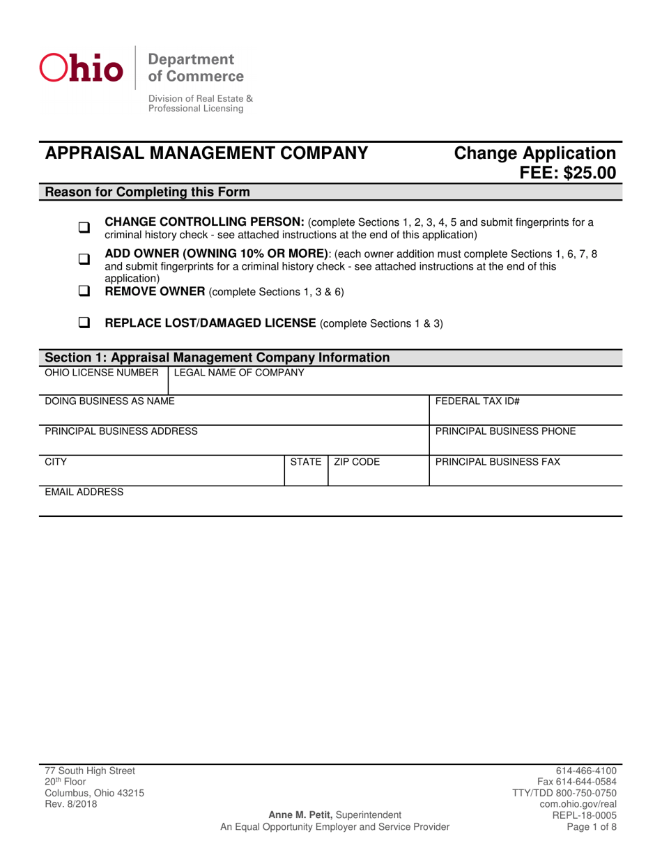 Form REPL-18-0005 Appraisal Management Company Change Application - Ohio, Page 1