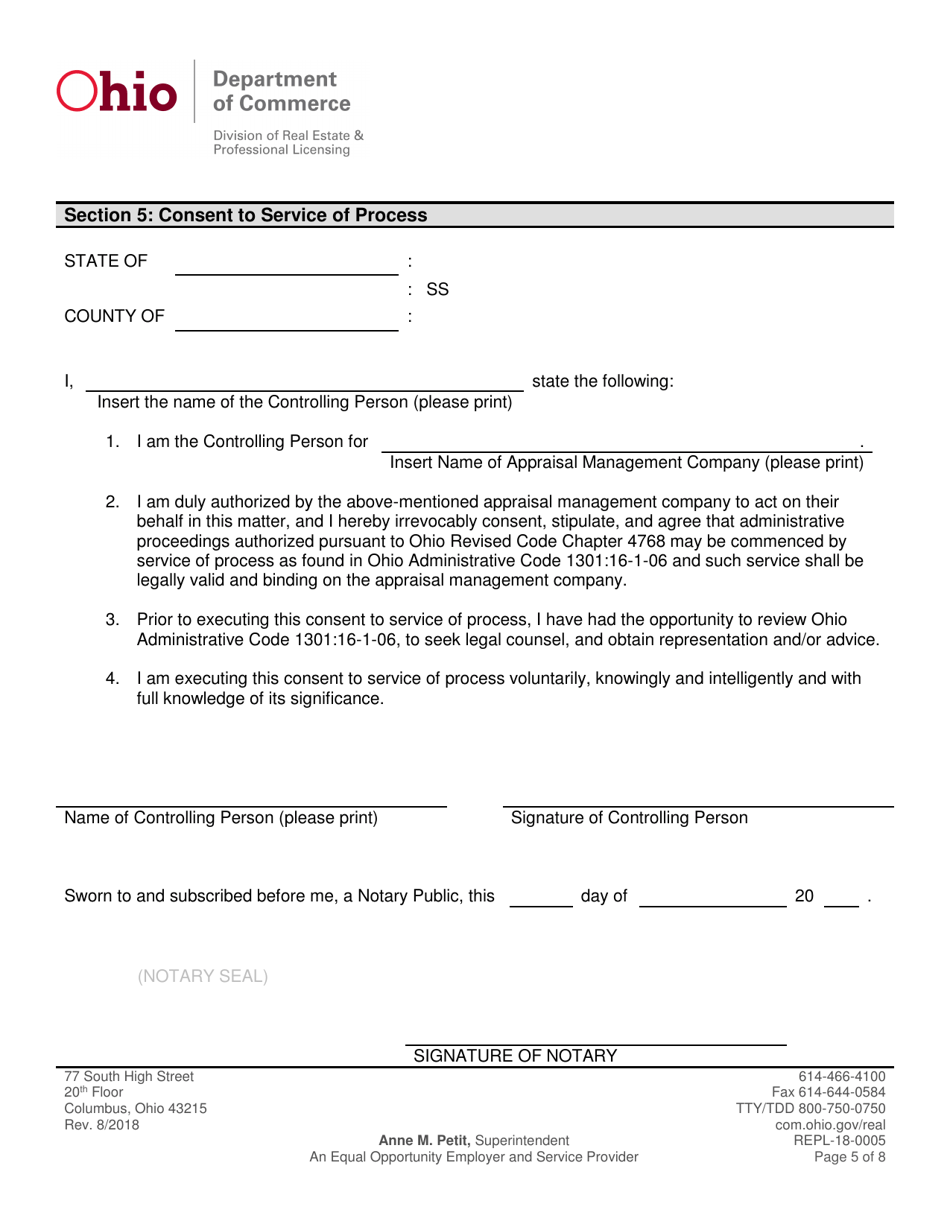 Form REPL-18-0005 Appraisal Management Company Change Application - Ohio, Page 5