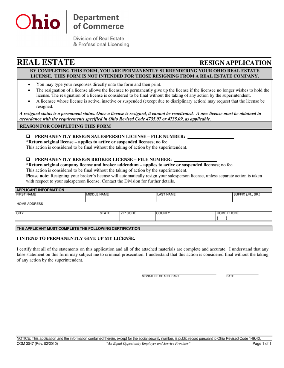 Form COM3047 Real Estate Resign Application - Ohio, Page 1