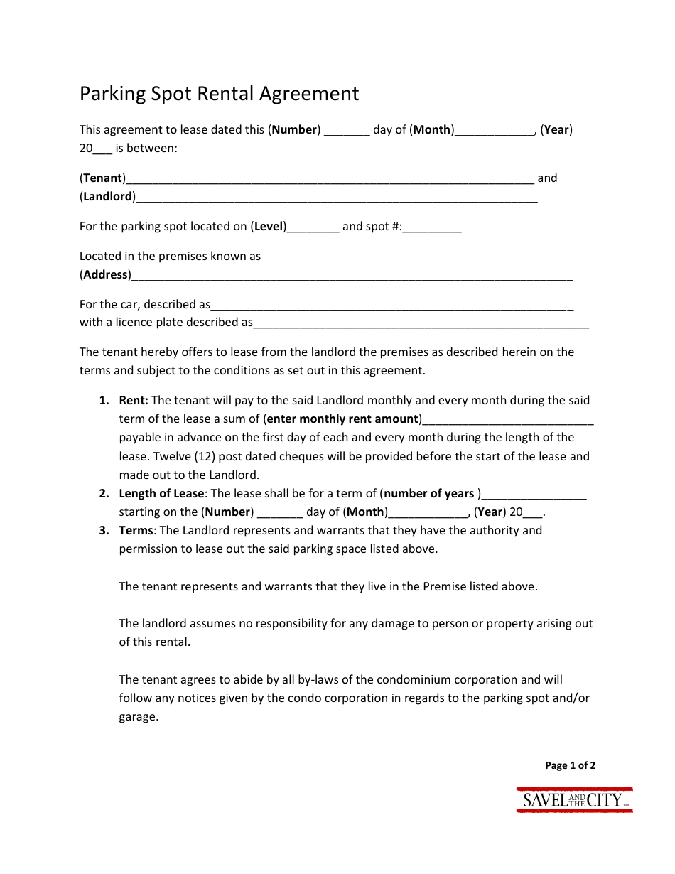 Parking Spot Rental Agreement Template - Savel and the City, Page 1