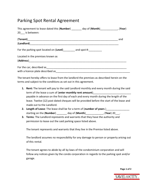 Parking Spot Rental Agreement Template - Savel and the City Download Pdf