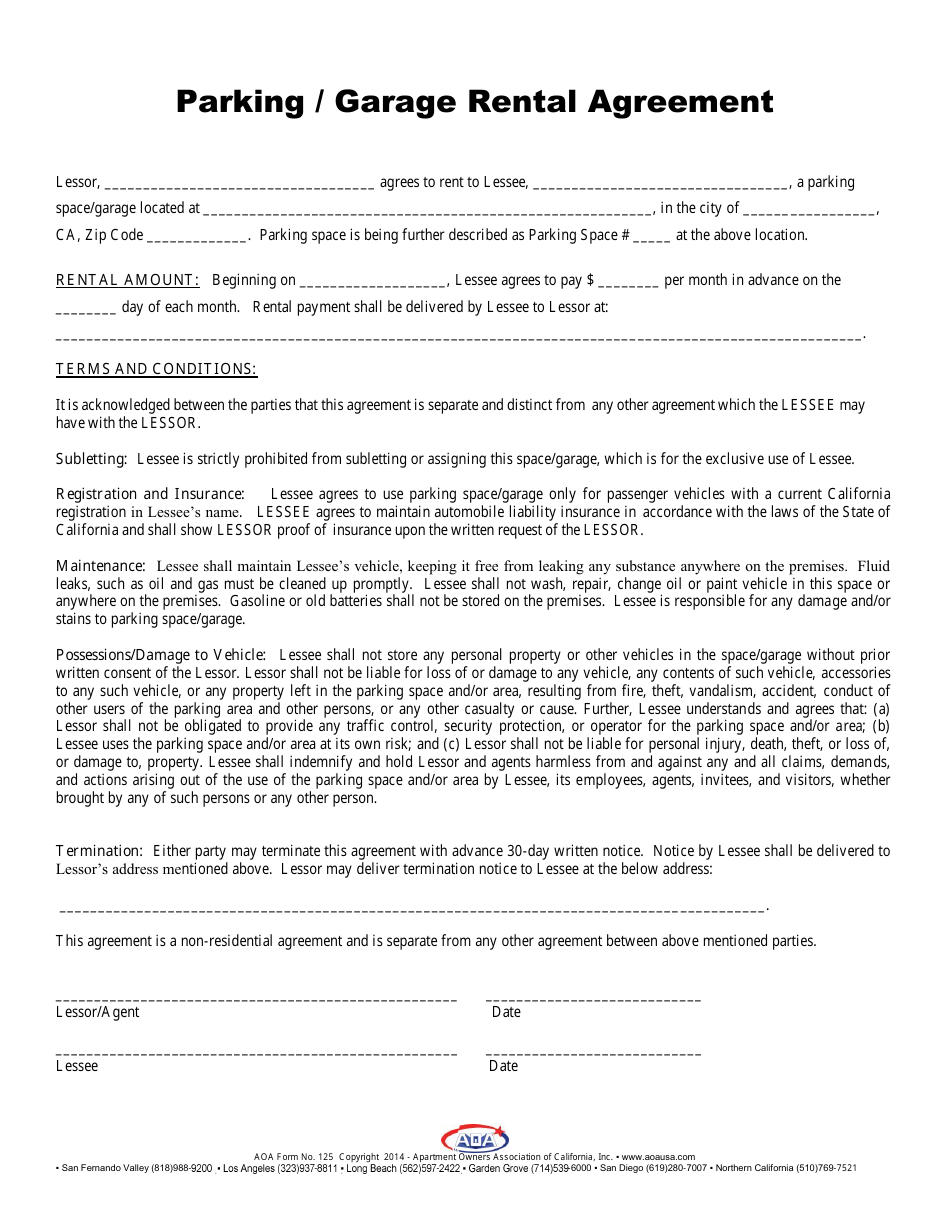 Parking / Garage Rental Agreement Template - Apartment Owners Association of California, Page 1