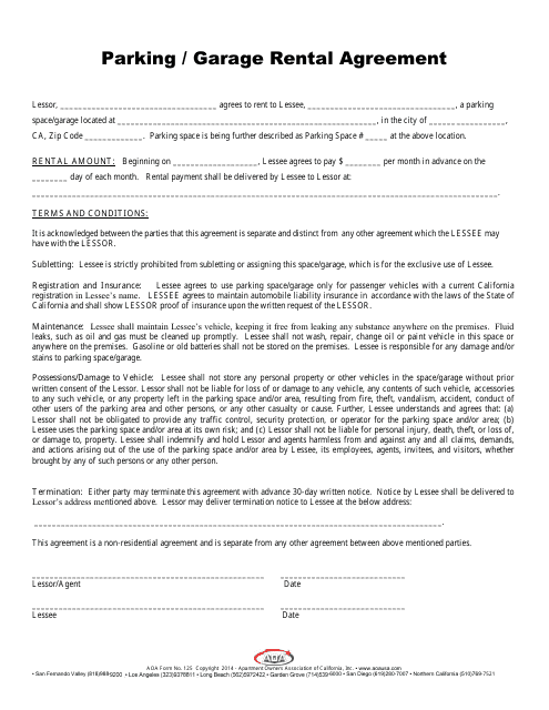Parking / Garage Rental Agreement Template - Apartment Owners Association of California Download Pdf