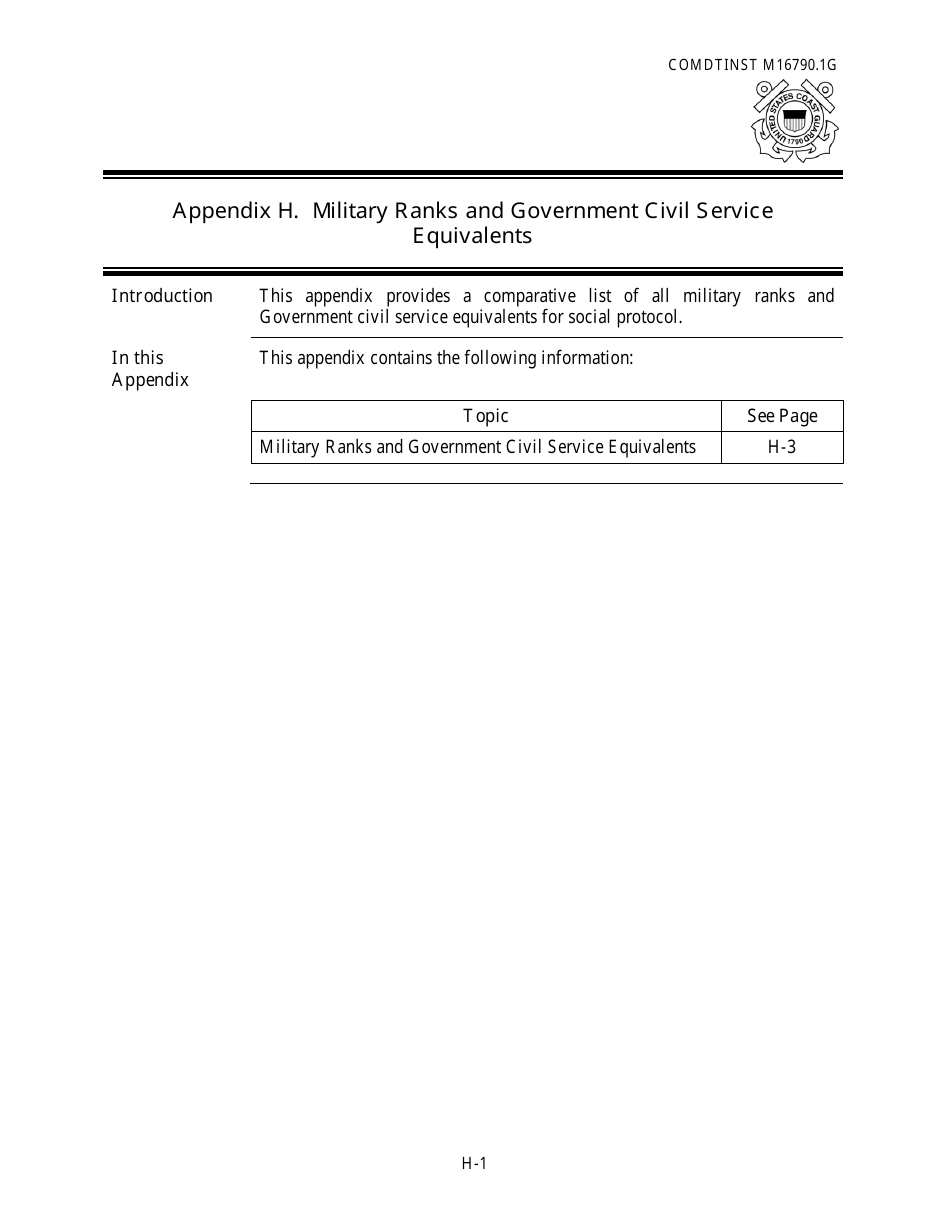 Appendix H Military Ranks and Government Civil Service Equivalents Chart, Page 1