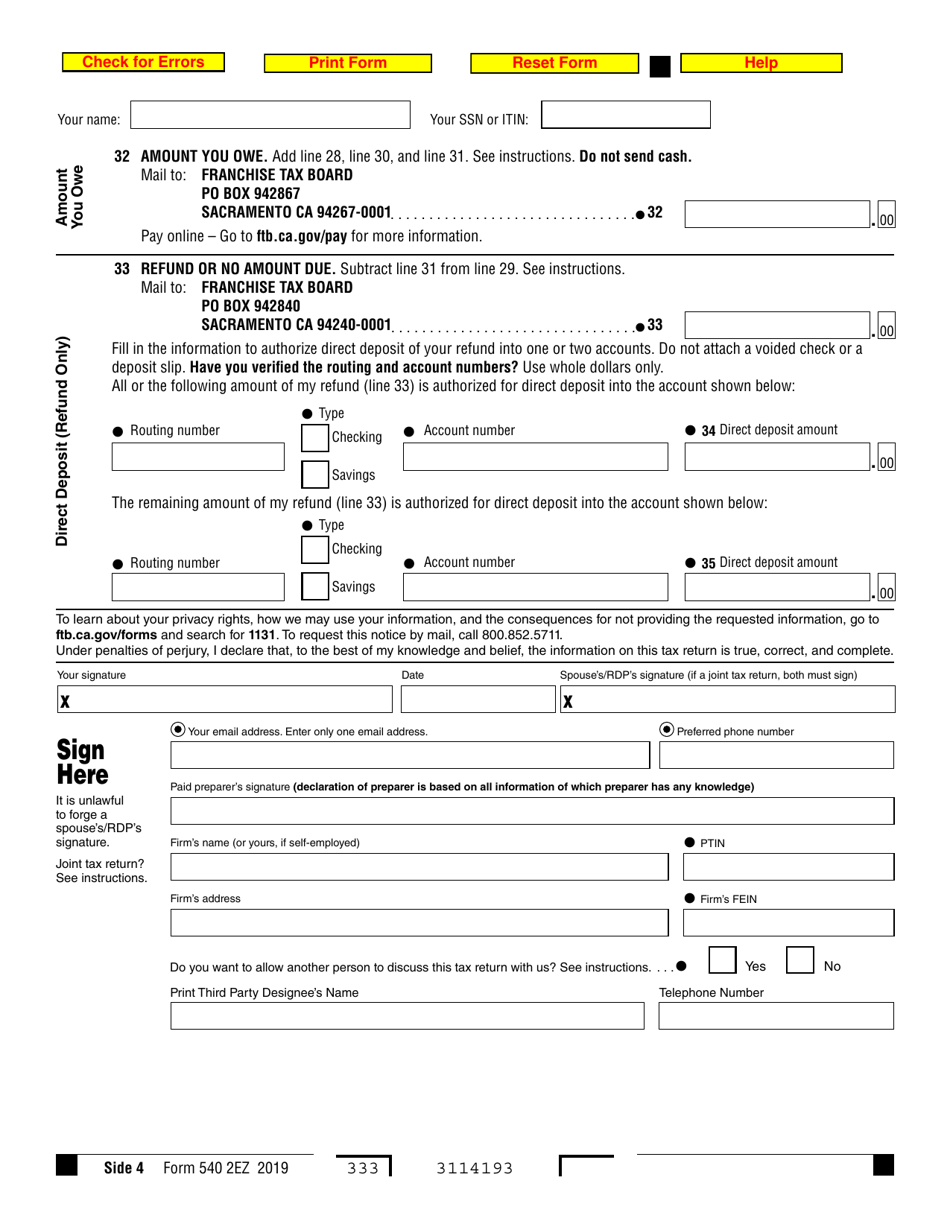 Form 540 2ez 2019 Fill Out Sign Online And Download Fillable Pdf California Templateroller 7065