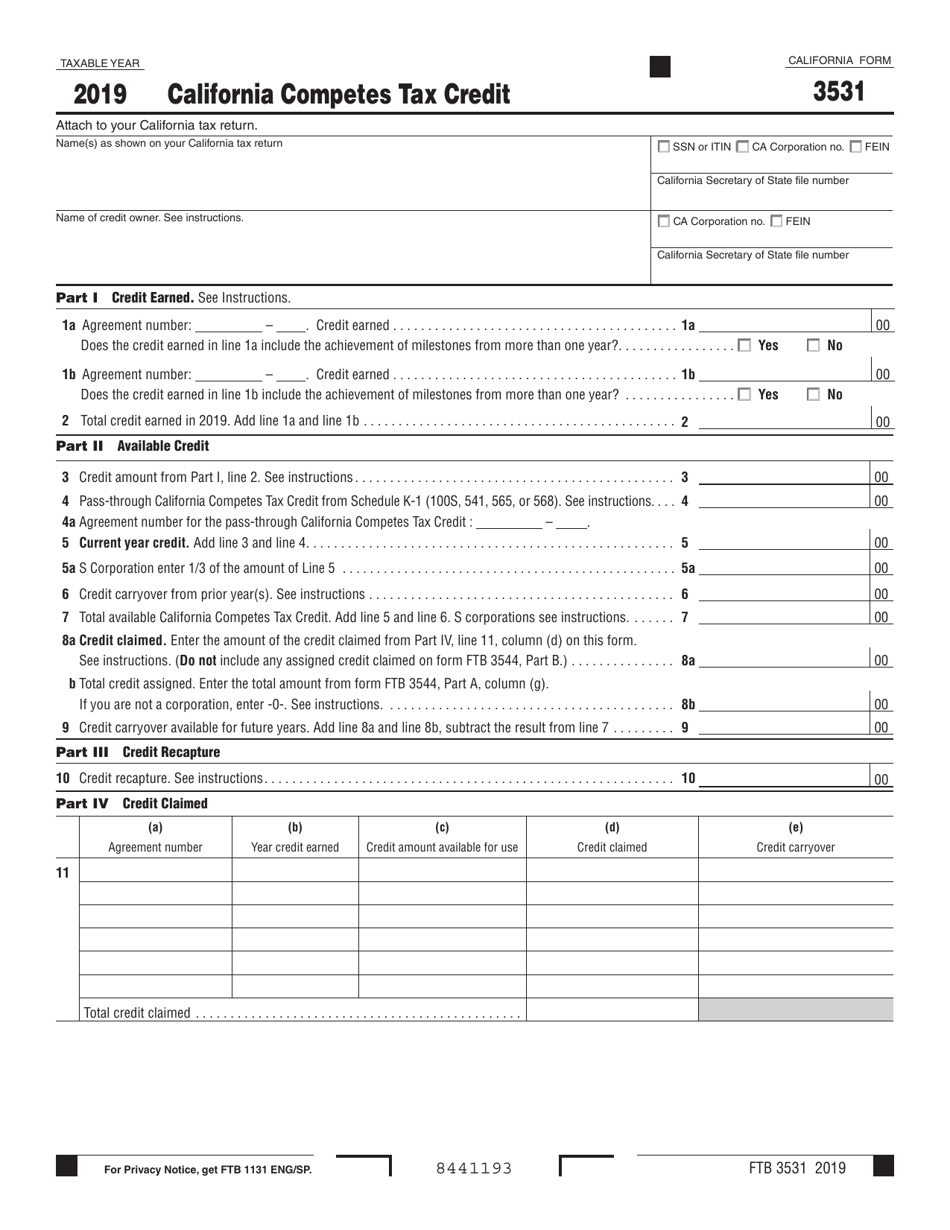 Form FTB3531 California Competes Tax Credit - California, Page 1
