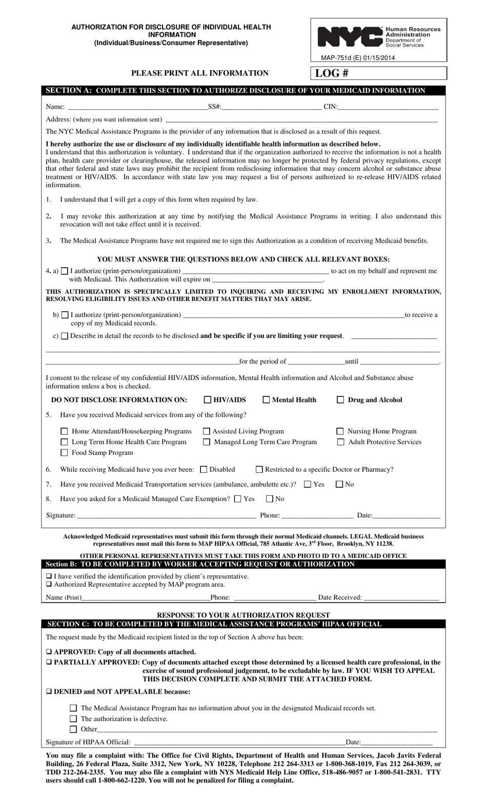 Form MAP-751D Authorization for Disclosure of Individual Health Information (Individual / Business / Consumer Representative) - New York City, Page 1
