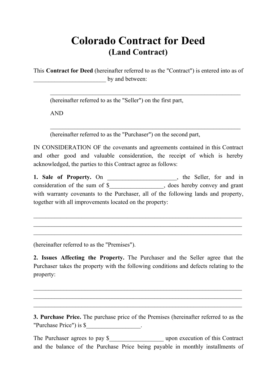 Colorado Contract For Deed Land Contract Fill Out Sign Online And 