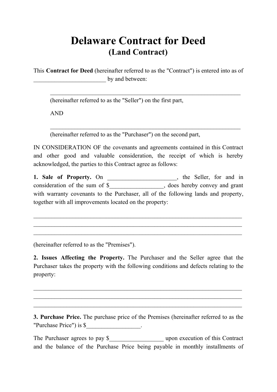 Contract for Deed (Land Contract) - Delaware, Page 1