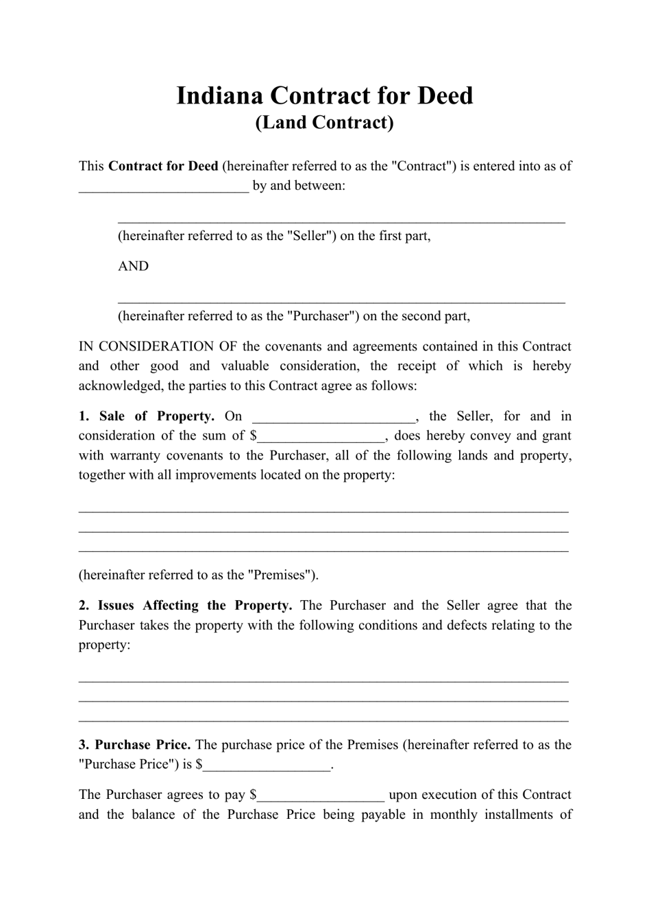 Indiana Contract For Deed Land Contract Fill Out Sign Online And Download PDF Templateroller