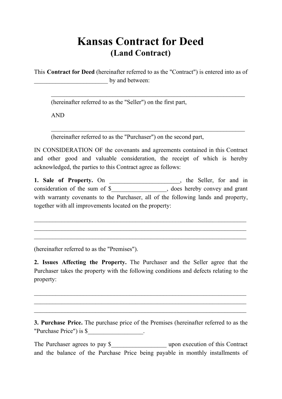 Contract for Deed (Land Contract) - Kansas, Page 1