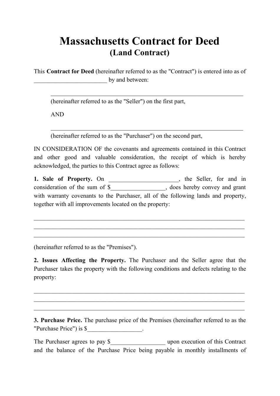 Contract for Deed (Land Contract) - Massachusetts, Page 1