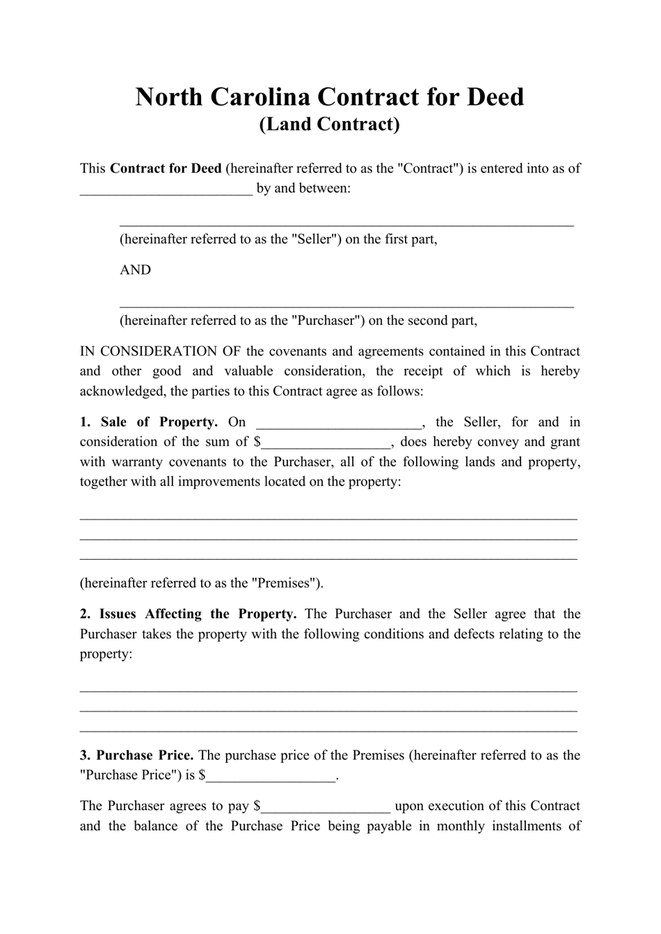North Carolina Contract for Deed (Land Contract) Fill Out Sign