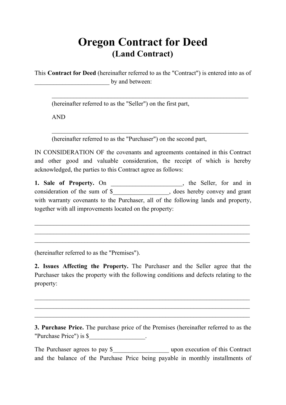 Oregon Contract for Deed (Land Contract) Fill Out, Sign Online and