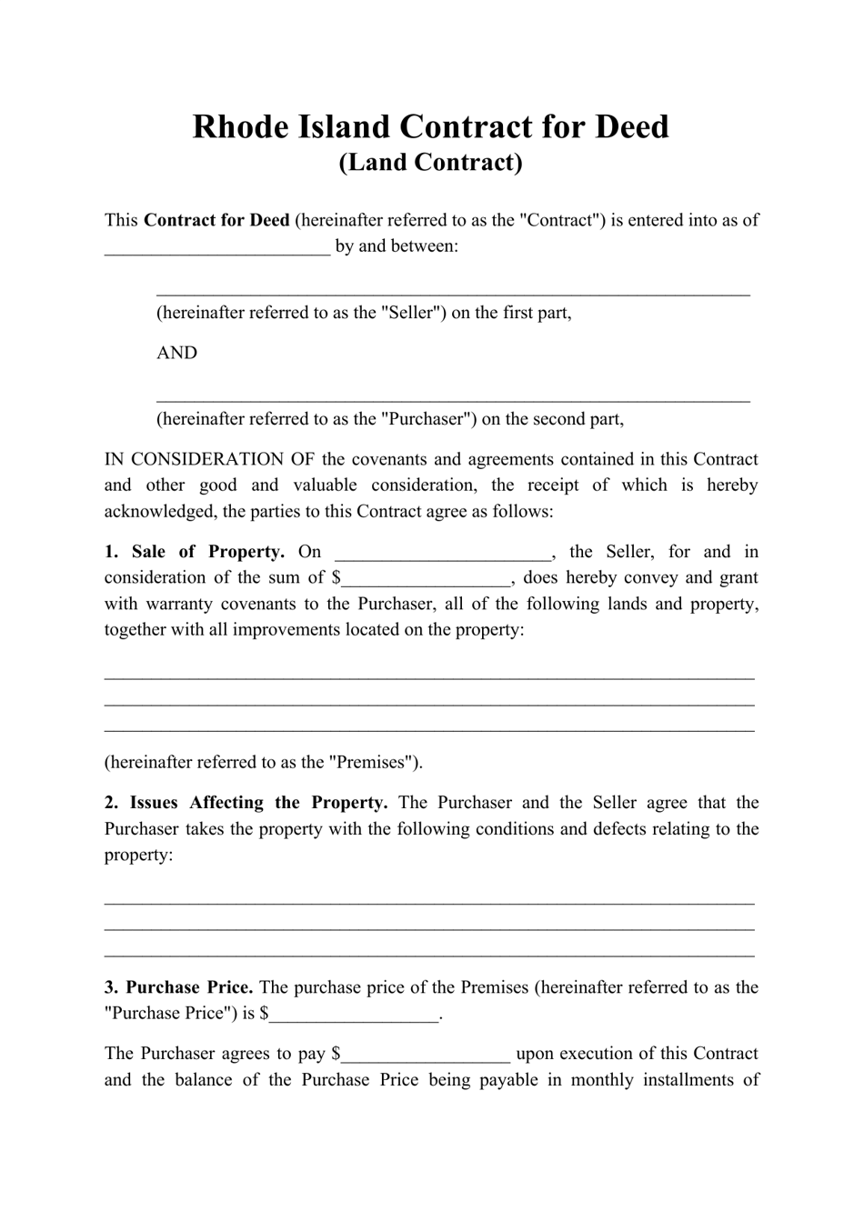 Rhode Island Contract for Deed (Land Contract) Fill Out, Sign Online and Download PDF