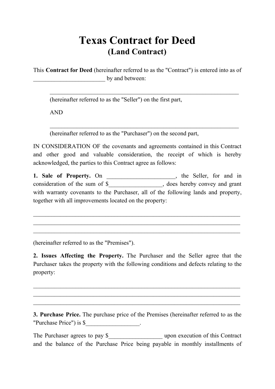 Contract for Deed (Land Contract) - Texas, Page 1