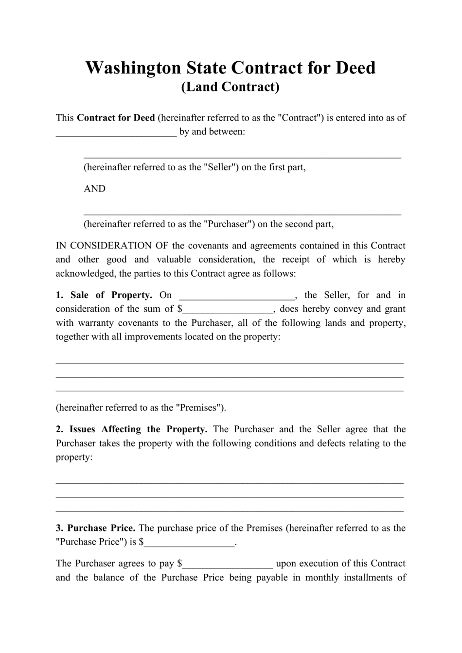 Washington Contract for Deed (Land Contract) Fill Out Sign Online
