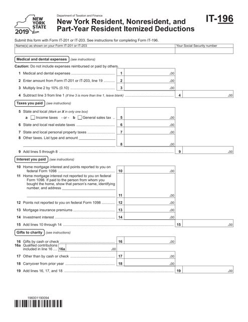 Form IT-196 New York Resident, Nonresident, and Part-Year Resident Itemized Deductions - New York, 2019