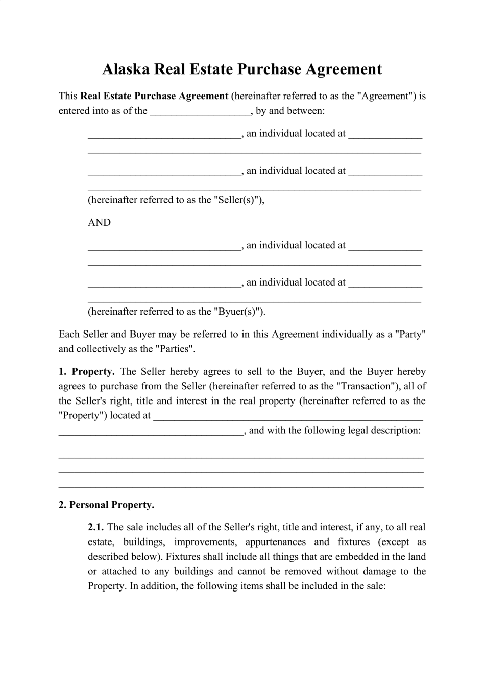 Alaska Real Estate Purchase Agreement Template Fill Out, Sign Online