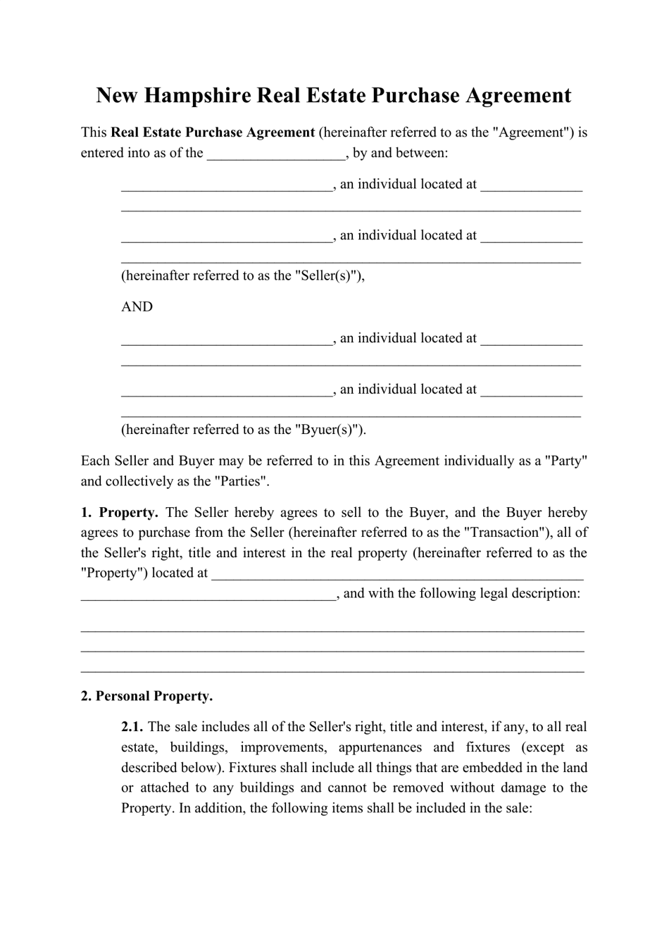 New Hampshire Real Estate Purchase Agreement Template Fill Out, Sign