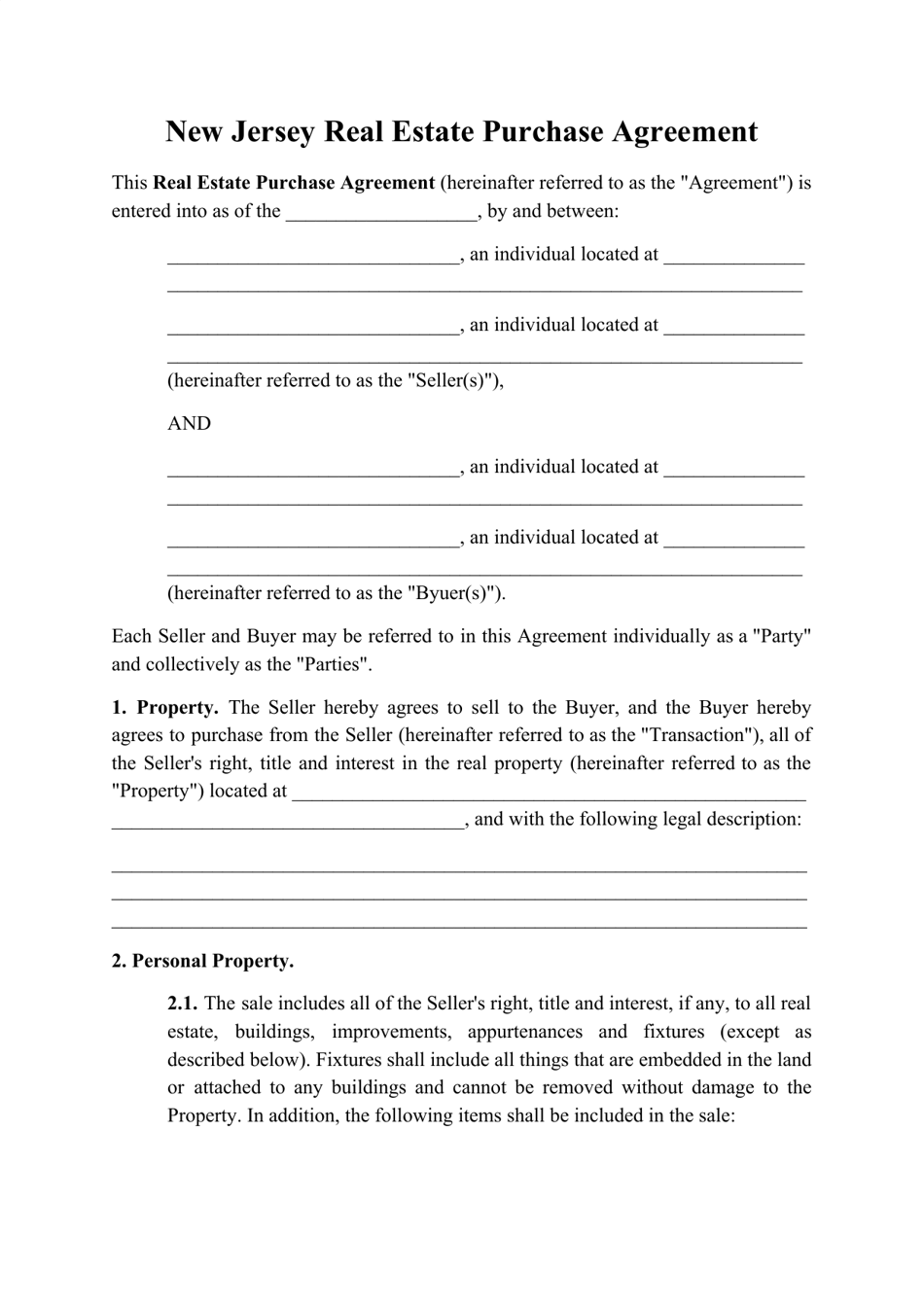 Real Estate Purchase Agreement Template - New Jersey, Page 1