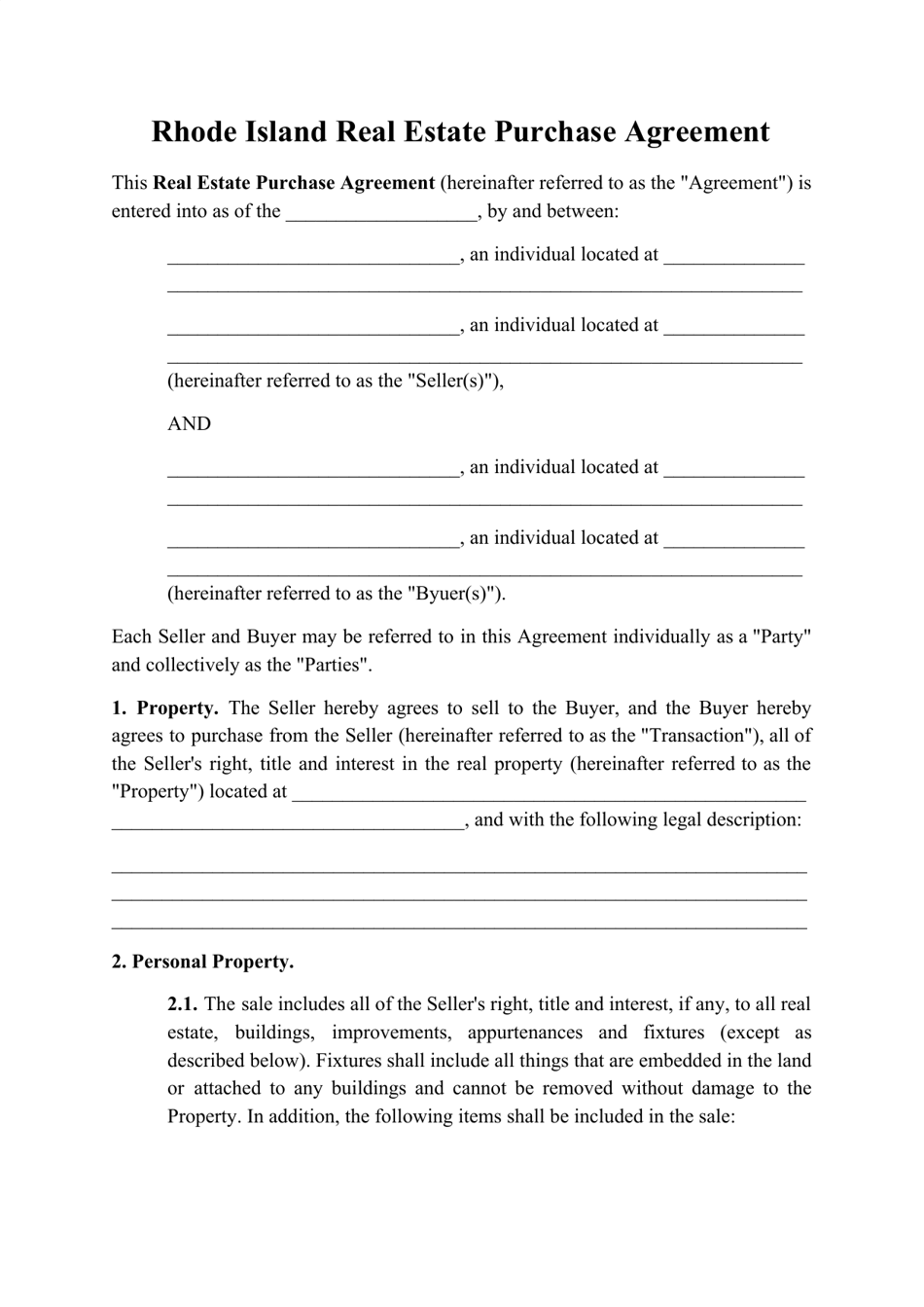 Real Estate Purchase Agreement Template - Rhode Island, Page 1