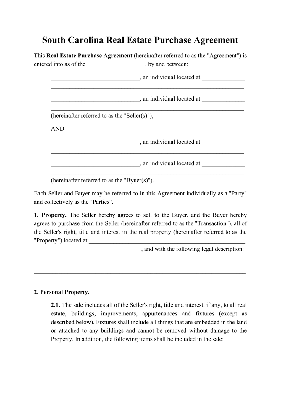 Real Estate Purchase Agreement Template - South Carolina, Page 1