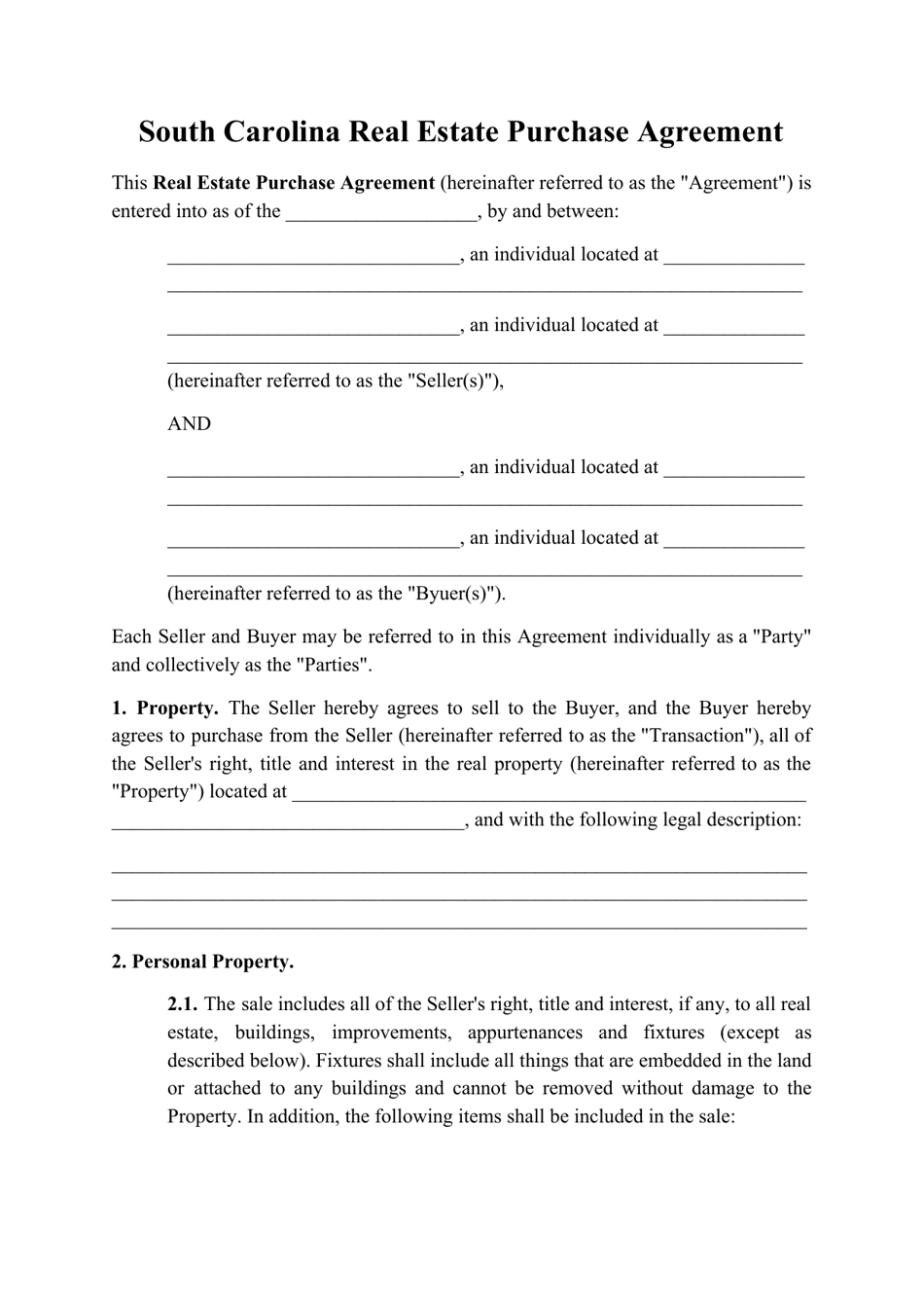 South Carolina Real Estate Purchase Agreement Template Fill Out, Sign