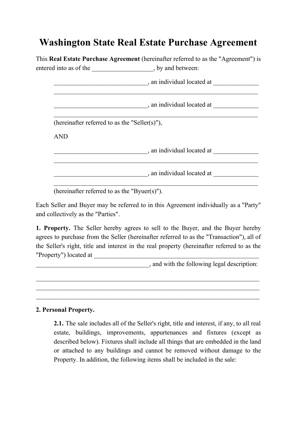 Real Estate Purchase Agreement Template - Washington, Page 1