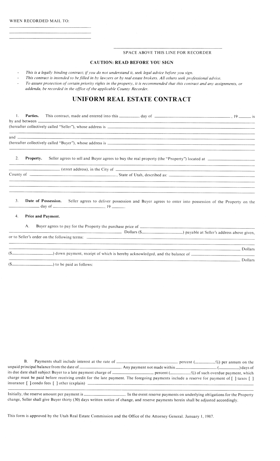 Uniform Real Estate Contract - Utah, Page 1