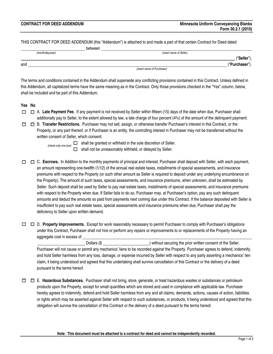 Form 30.2.1 Contract for Deed Addendum - Minnesota, Page 1