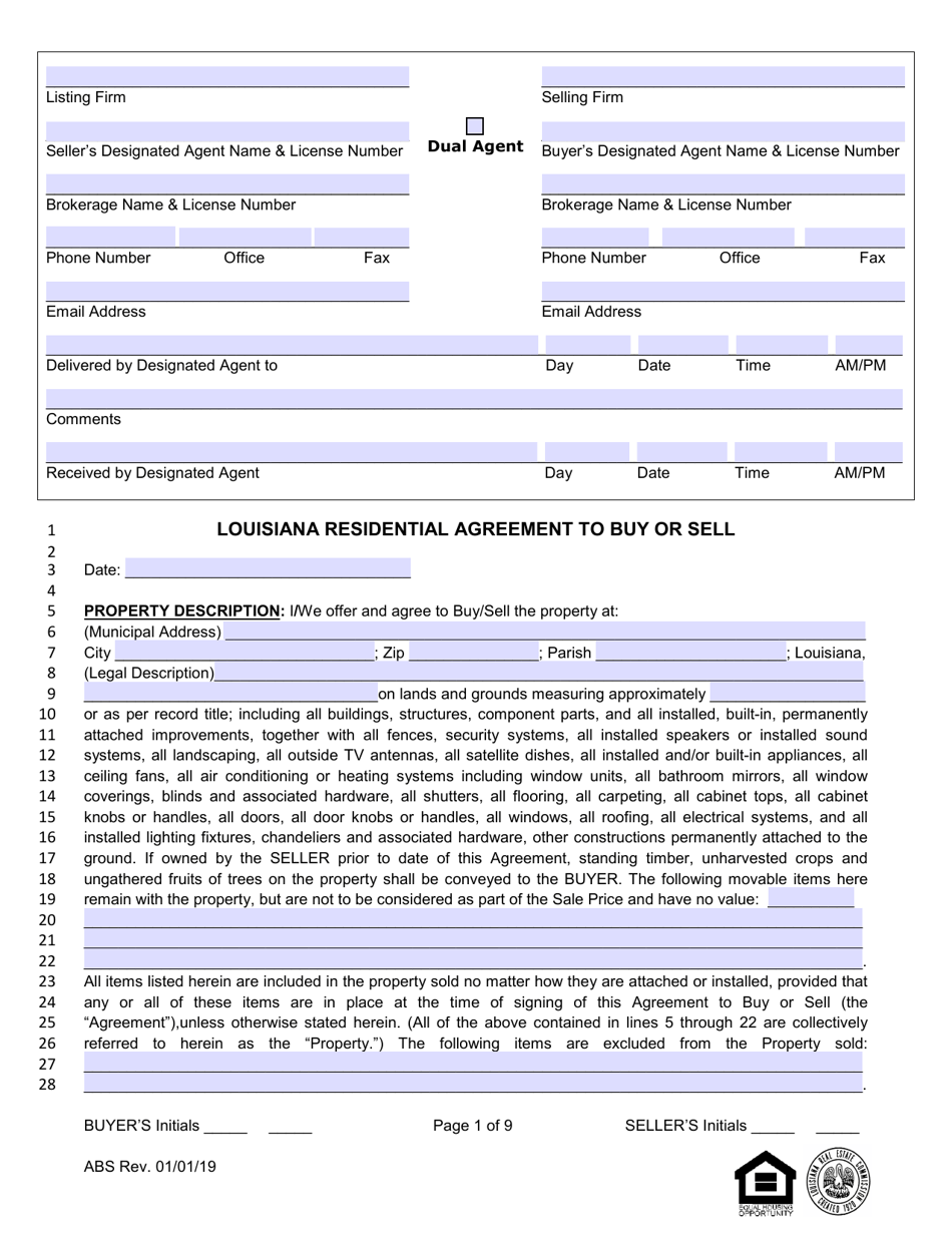Louisiana Residential Agreement to Buy or Sell - Louisiana, Page 1