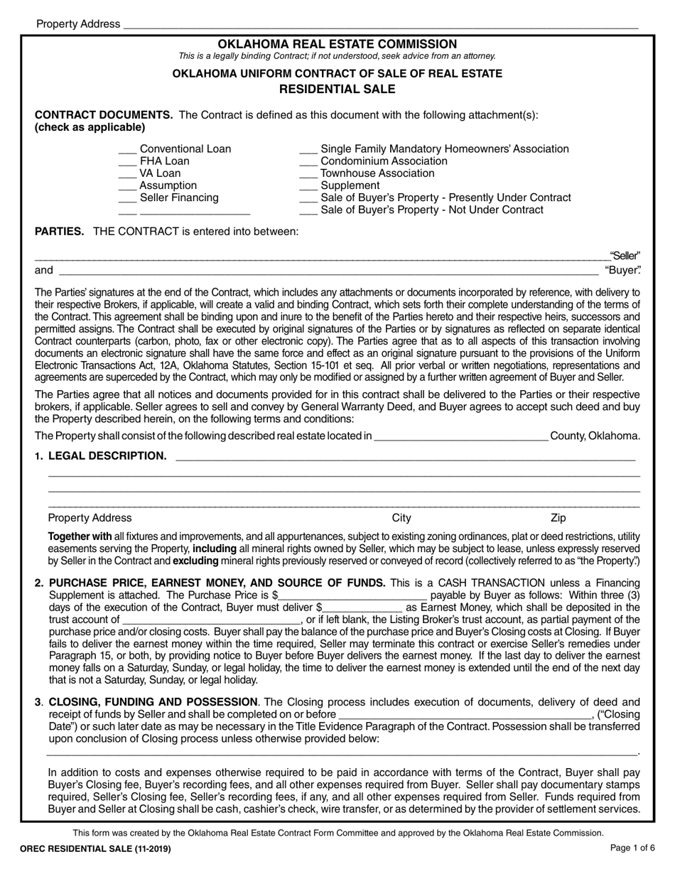 Oklahoma Uniform Contract of Sale of Real Estate - Residential Sale - Oklahoma, Page 1