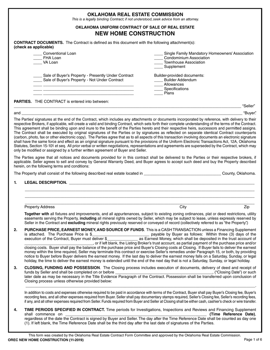 Oklahoma Uniform Contract of Sale of Real Estate - New Home Construction - Oklahoma, Page 1