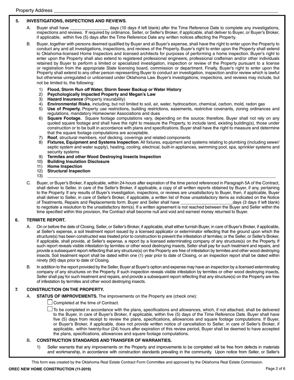 Oklahoma Uniform Contract of Sale of Real Estate - New Home Construction - Oklahoma, Page 2
