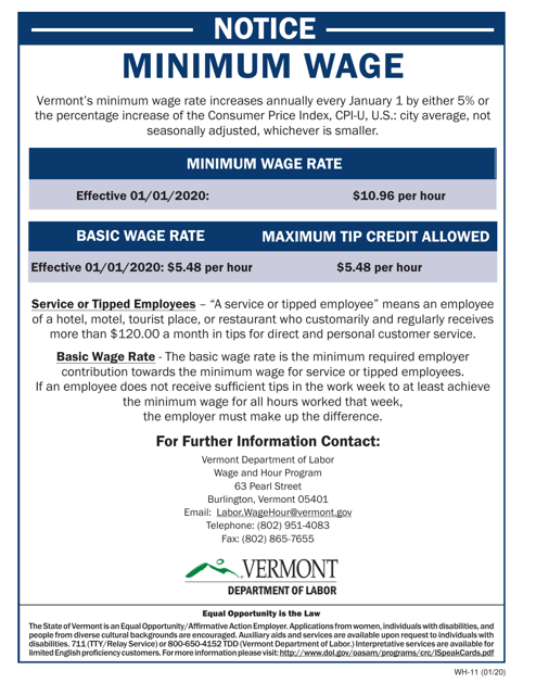 Form WH-11 Minimum Wage Rate - Vermont