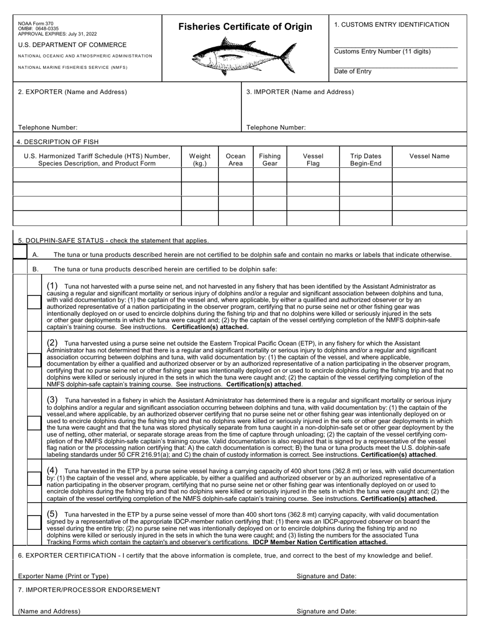 NOAA Form 370 Fisheries Certificate of Origin, Page 1