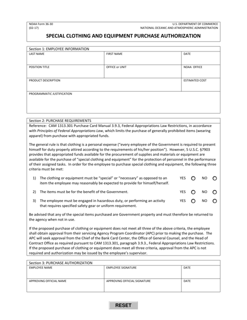 NOAA Form 36-30 Special Clotihing and Equipment Purchase Authorization